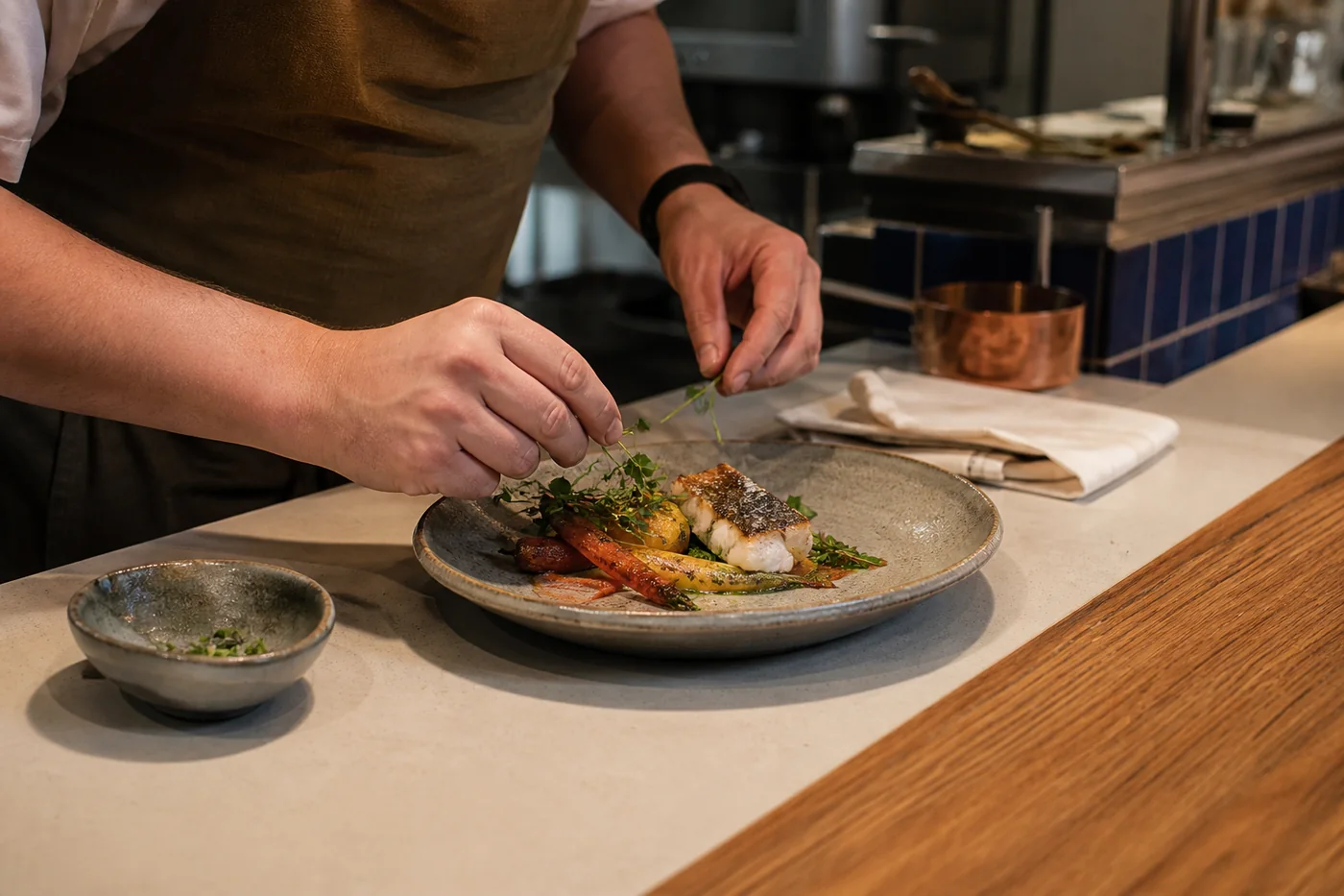 Chef aan een porseleinen werkbank met groenten, kruiden en vis op handgemaakt servies