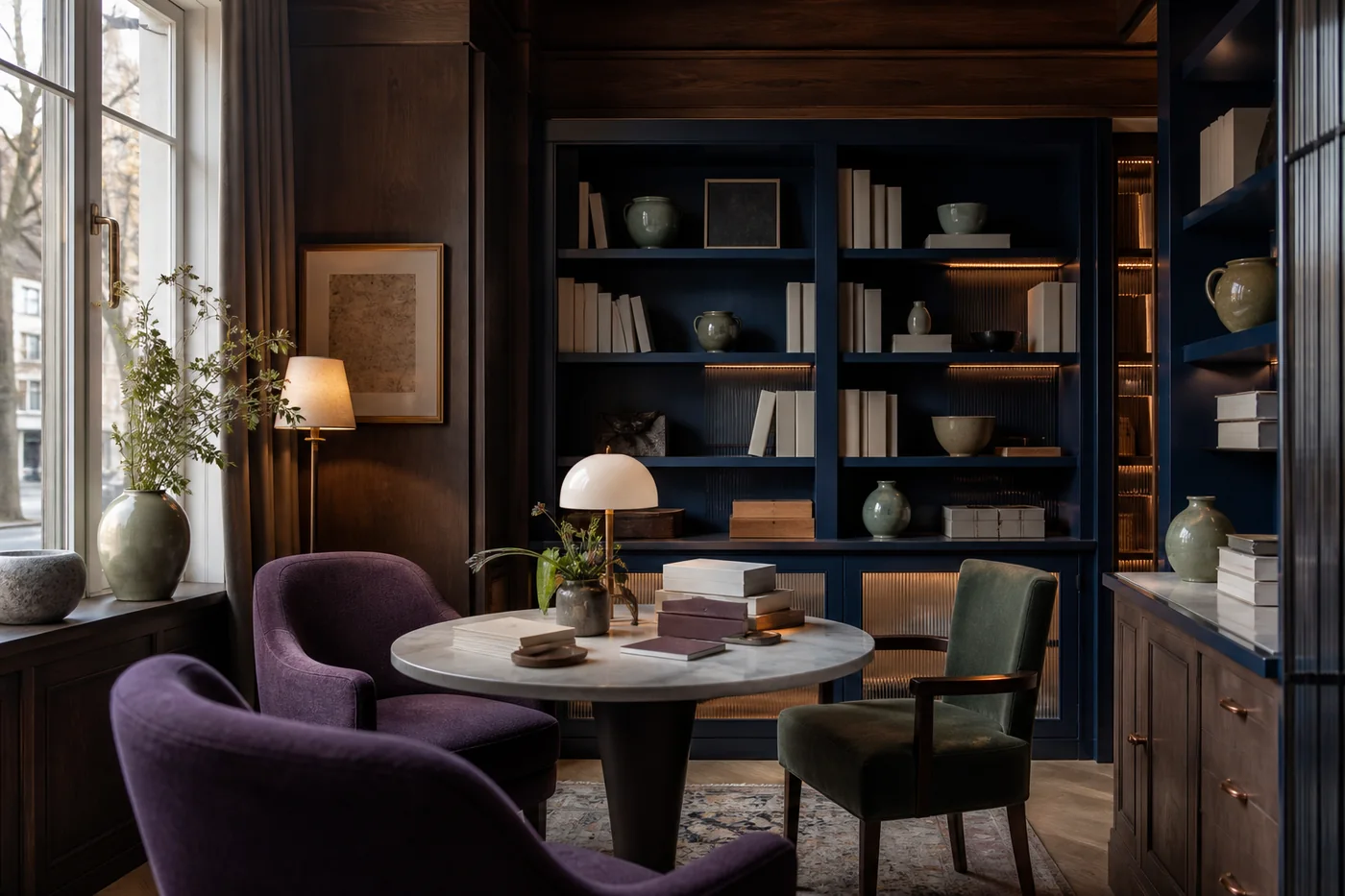 Conciergebibliotheek met houten wanden, blauwe kasten en zachte stoelen