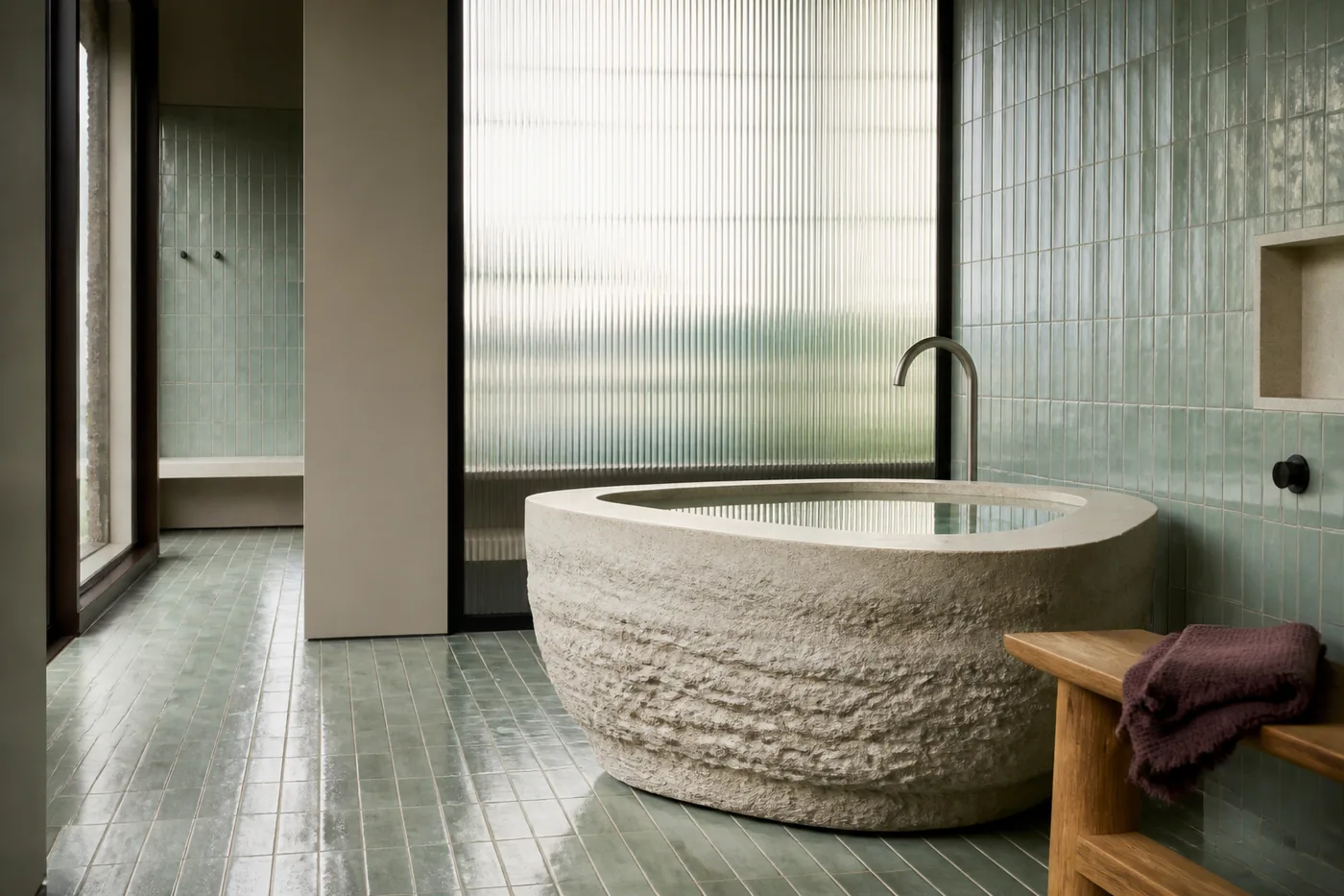 Badsuite met celadongroene tegels, stenen ligbad en geribbeld glas