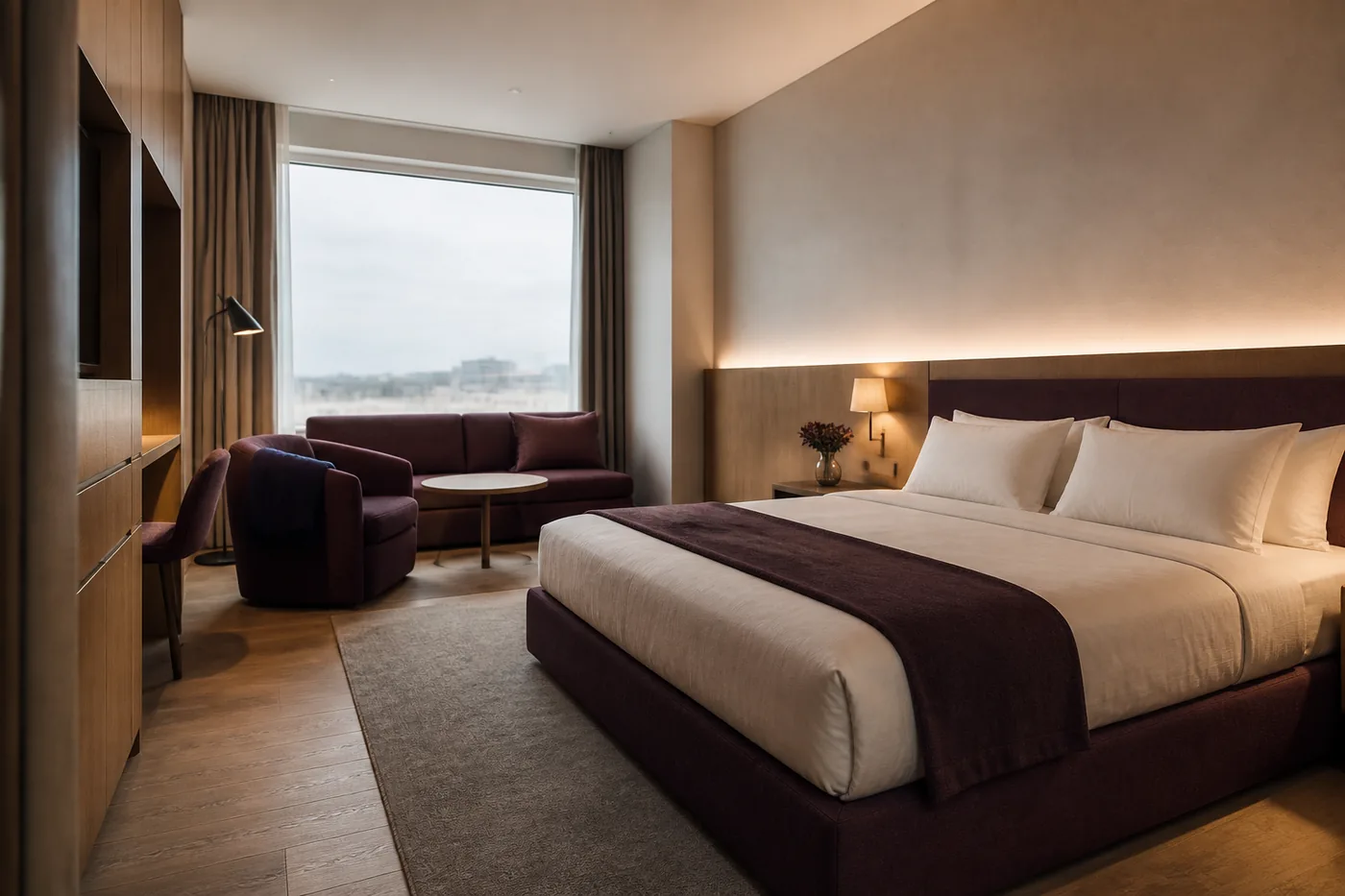 Ruime hotelsuite met pruimkleurige wol, eikenhout en zacht daglicht